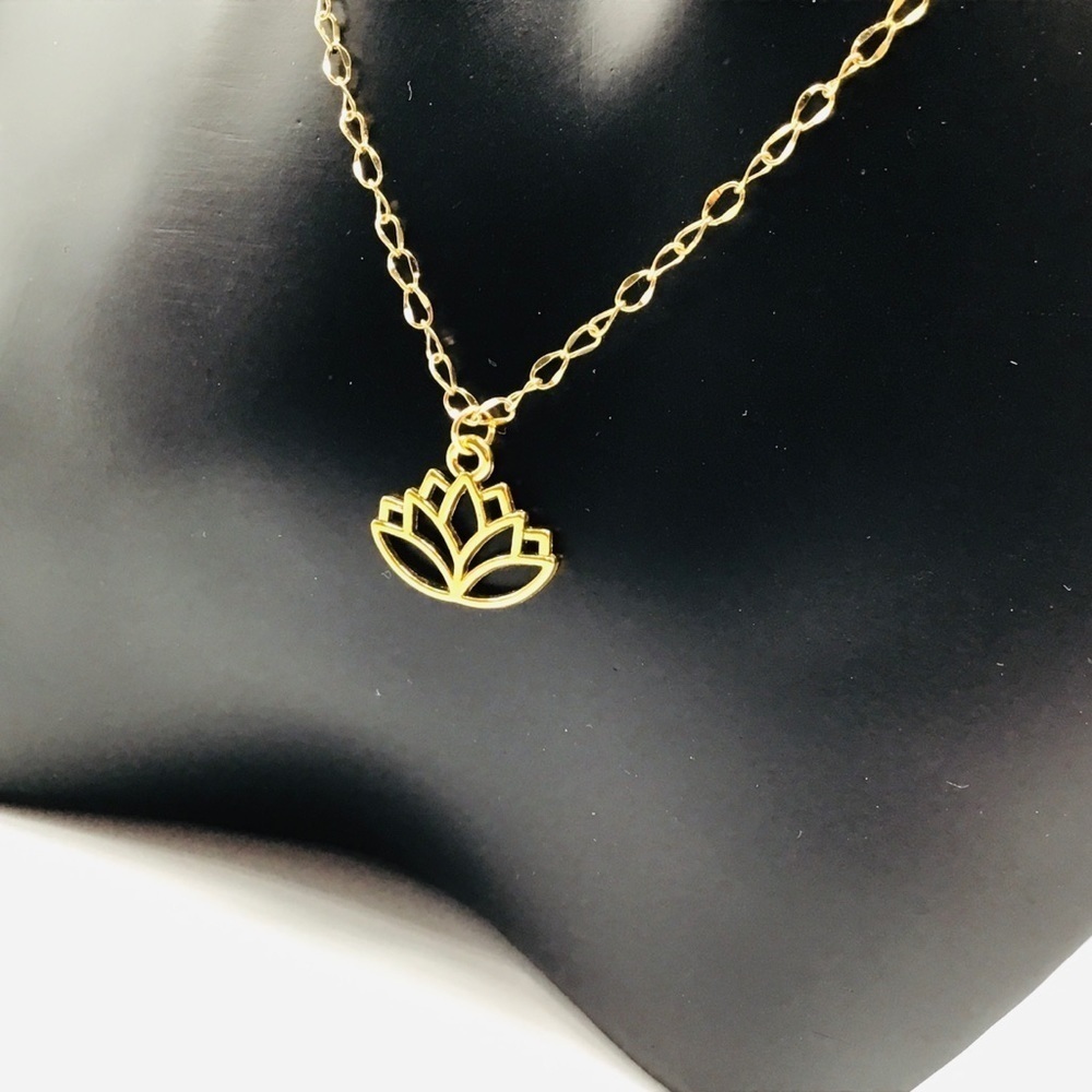 New Lotus Necklace Dainty Boho Pendant Gold Tone Plated Chain Flower 16”